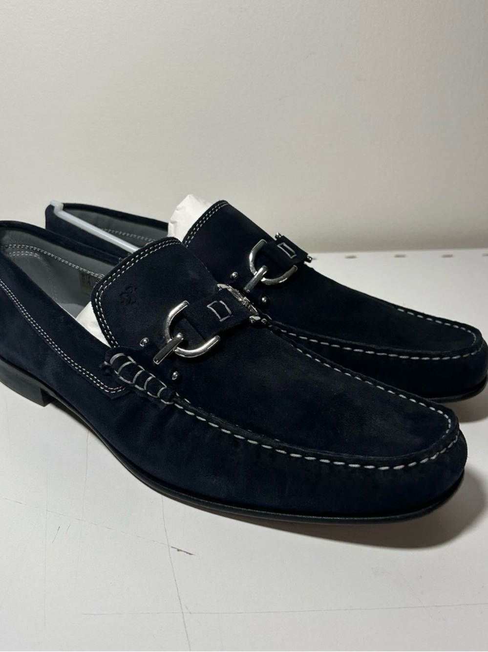New! Donald J. Pliner Navy Suede Bit Loafers with Contrast Stitching Mens 13